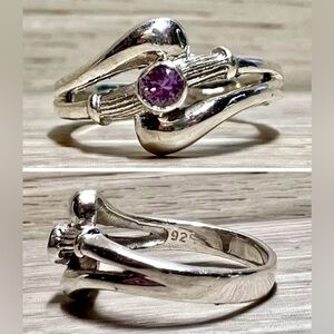 Vintage Sterling Silver Bamboo Design & Round Amethyst Ring, Size 9.25, 5.2g